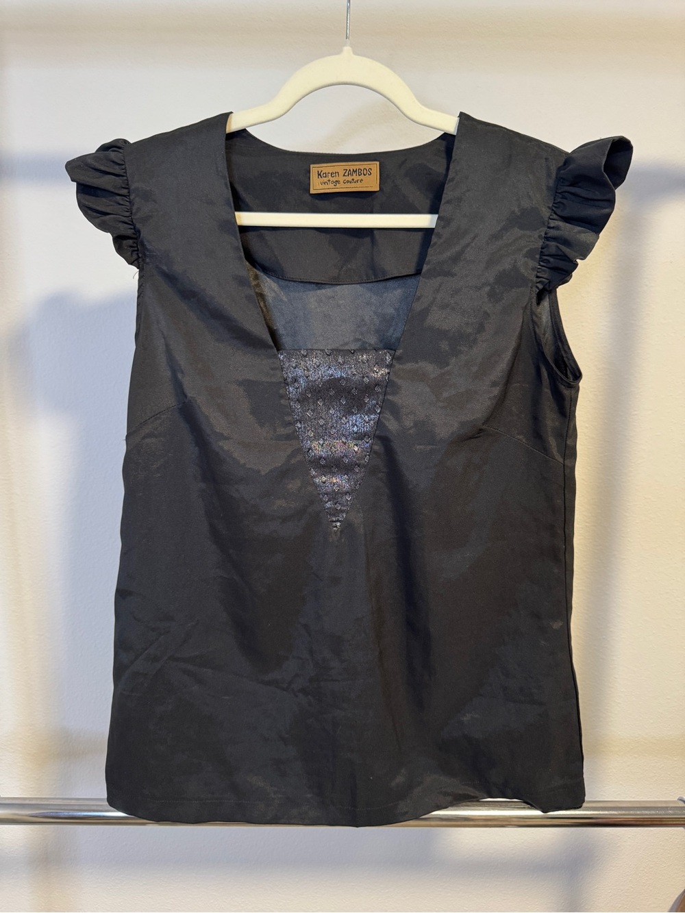 Karen Zambos Vintage Couture Top Ruffled Shoulders Sequin Size S Made USA